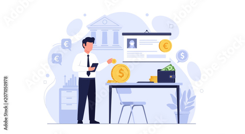 Man Managing Finances: Banking, Investments, and Savings with Currency Symbols