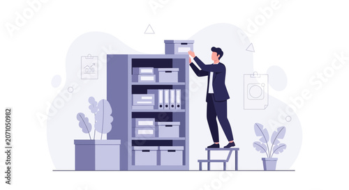 Man Organizing Storage Shelf with Boxes and Folders in Modern Office