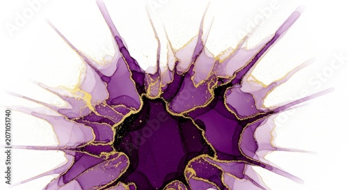 Abstract purple and gold ink wash flow with glitter accents marble background