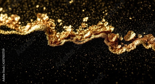 Close up of rough gold leaf particles on black textured surface marble background