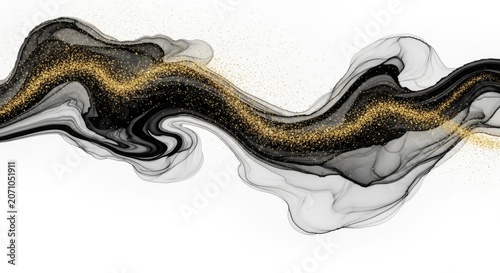 Elegant liquid ink flow with black grey and gold glitter marble background