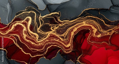 Rich red and black fluid marble swirl with metallic gold dust marble background