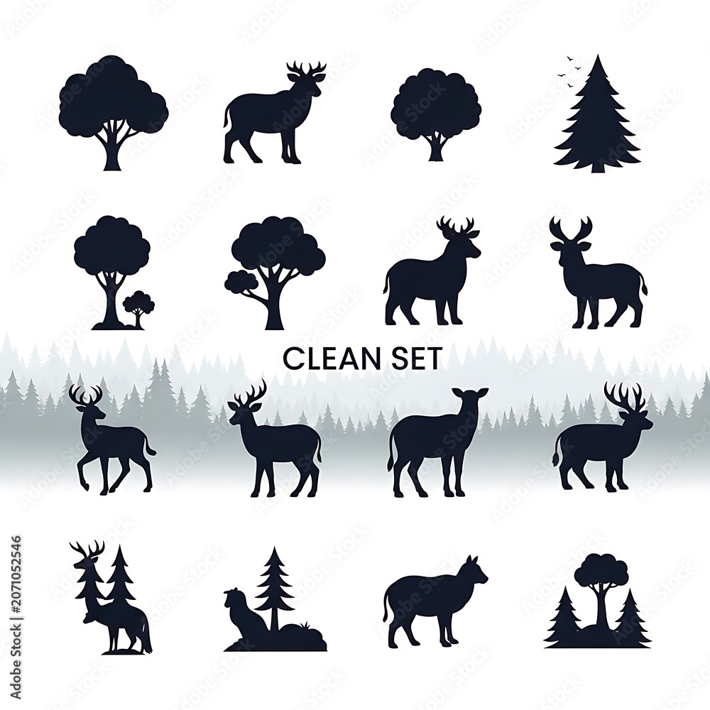 Fototapeta premium Black silhouettes of various animals in clean set.