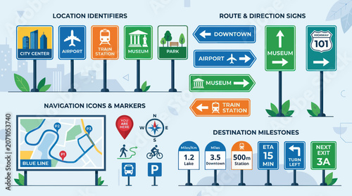 Fotografie City Navigation and Direction Signs Collection: Icons, Maps, and Milestones