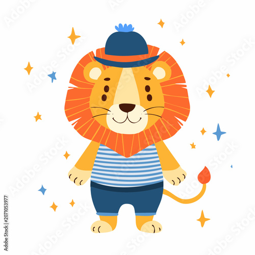 Cute Cartoon Lion Wearing a Hat and Striped Shirt
