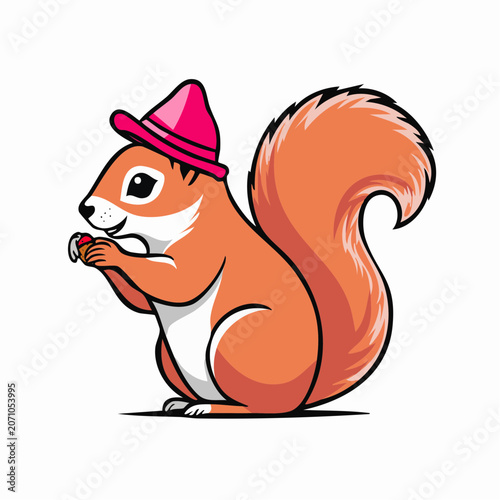 Cute cartoon squirrel wearing a pink hat and holding a nut