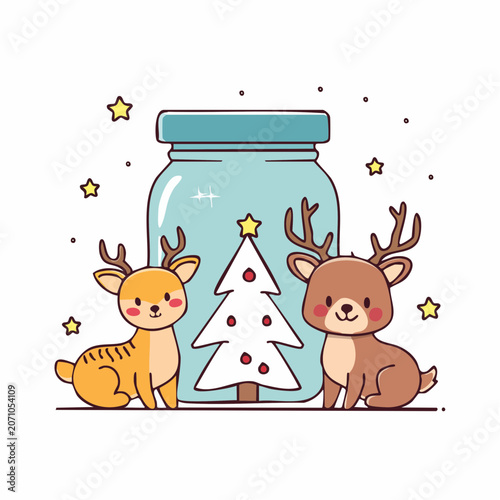 Cute Reindeer and Christmas Tree in a Jar Illustration