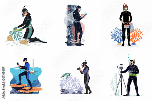 Fotografía Set of marine biologist characters conducting scientific underwater research on coral reefs, including measuring, collecting samples, and using advanced technology