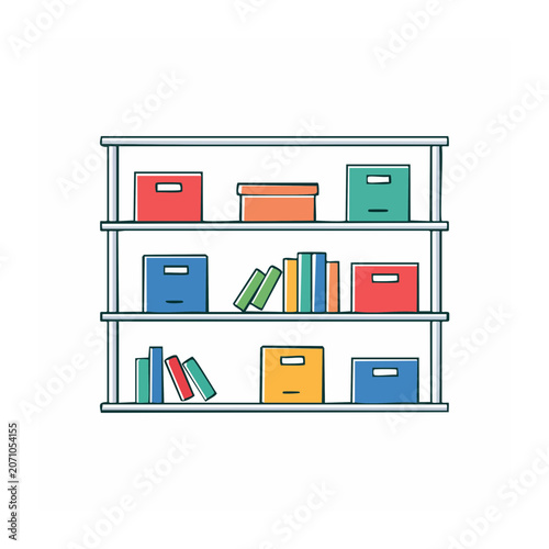 Flat design bookshelf with colorful storage boxes and books