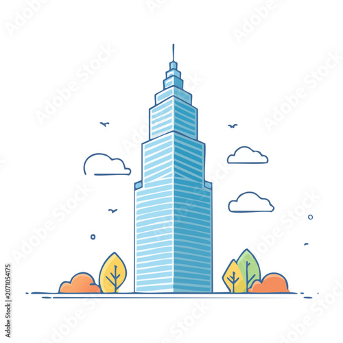Flat design illustration of a modern skyscraper with clouds and trees