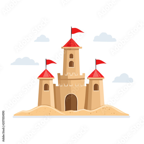 Flat design sandcastle with red flags and clouds