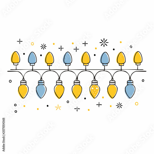 String of festive Christmas lights with yellow and blue bulbs