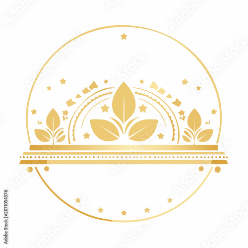 Golden ornamental emblem with leaves and stars