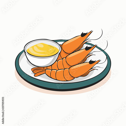 Illustration of three cooked shrimp with dipping sauce on a plate