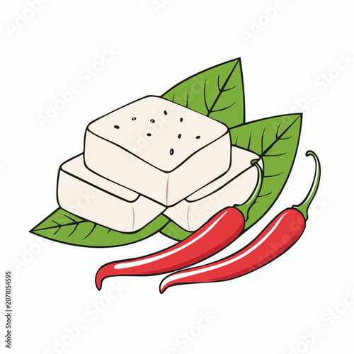 Tofu cubes with chili peppers and green leaves