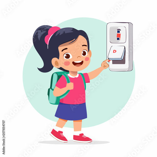 Young girl with backpack presses a light switch
