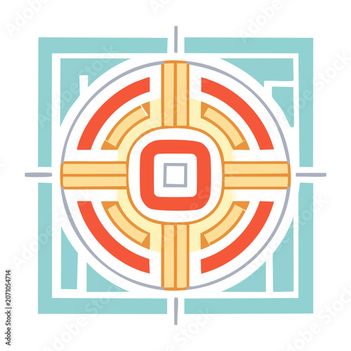 Abstract geometric symbol with red, orange, and yellow elements