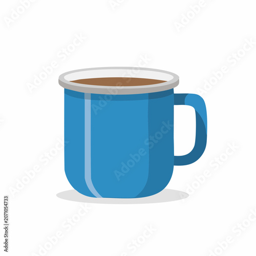 Blue enamel mug filled with coffee, flat design illustration