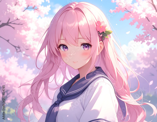 Anime girl with pink hair under blooming cherry blossoms.