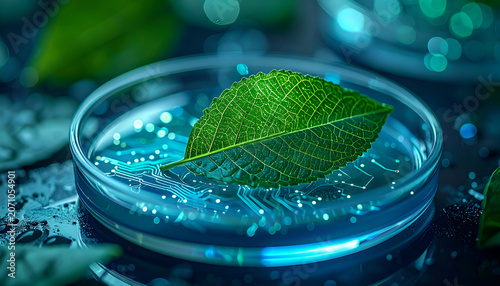 Bioengineering experiment with leaf on glowing circuit.