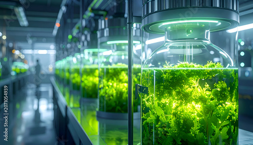 Bioluminescent green plants in glass containers in modern lab.