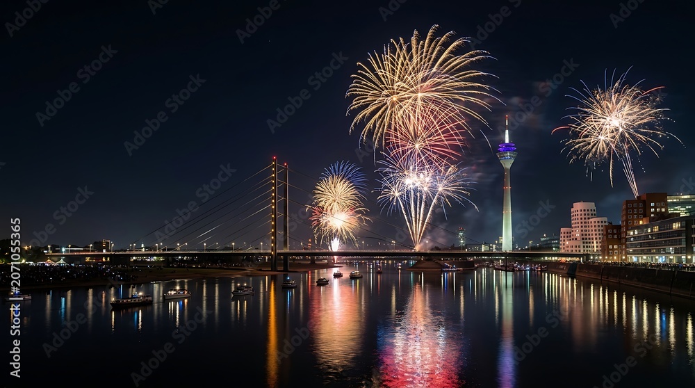 Fototapeta premium Fireworks exploding over a modern city skyline with river reflections