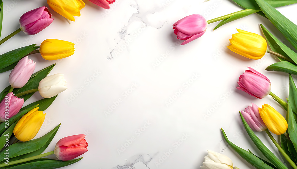 Naklejka premium Frame of colorful tulips and green leaves on a white marble background, spring bouquet arrangement, fresh floral design