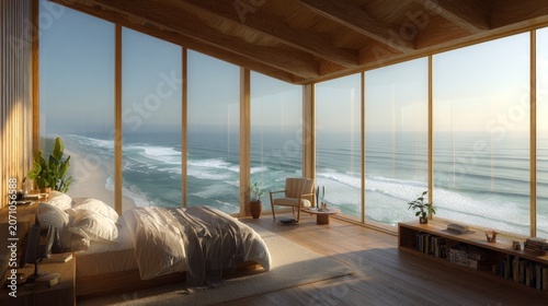 Spacious bedroom interior offers stunning panoramic view of ocean waves and sandy shoreline