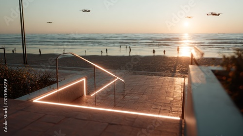 Illuminated steps lead toward a sunlit ocean beach where unmanned aerial vehicles fly overhead