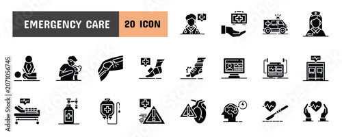 Tableau sur toile 20 Emergency Care Glyph Icon Illustration Set