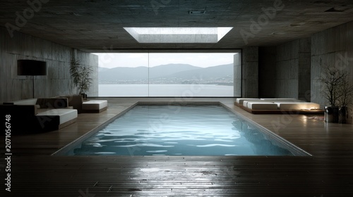 Indoor swimming pool area features panoramic views of a large body of water and distant mountains.