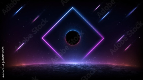 Bright neon geometry frames a dark celestial body above a textured planetary surface