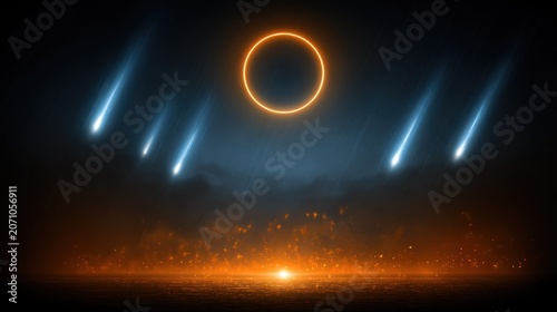 Vibrant neon ring illuminates a dark sky with streaking celestial objects above a glowing horizon