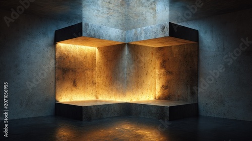 Architectural interior space features a rough textured concrete nook illuminated by warm directional light.