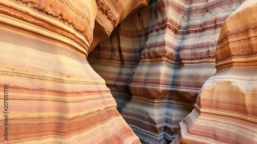 Stepped rock layers in a canyon wall, desert landscape.