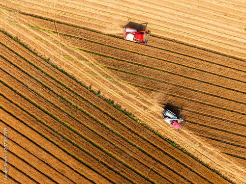 Combine harvester working on a wheat field，Aerial photos
