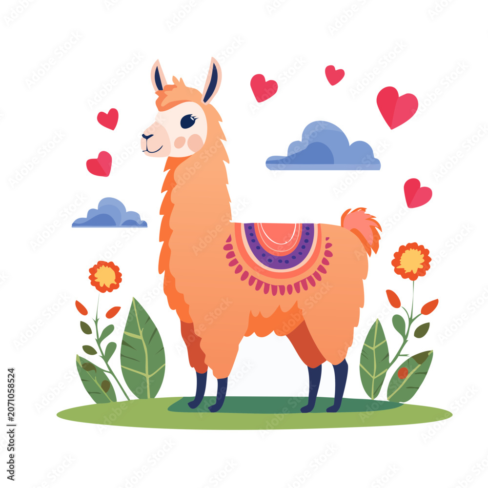 Fototapeta premium Cute llama illustration with hearts and flowers