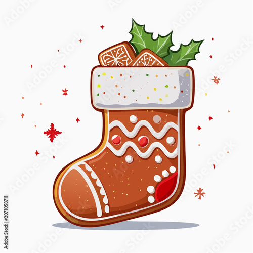 Gingerbread Christmas stocking with cookies and holly