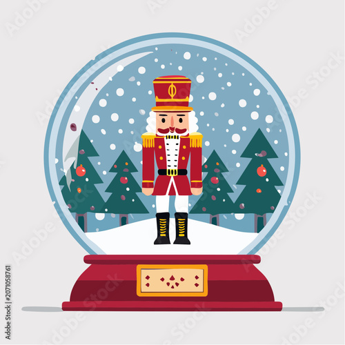 Nutcracker Snow Globe with Christmas Trees and Snowflakes