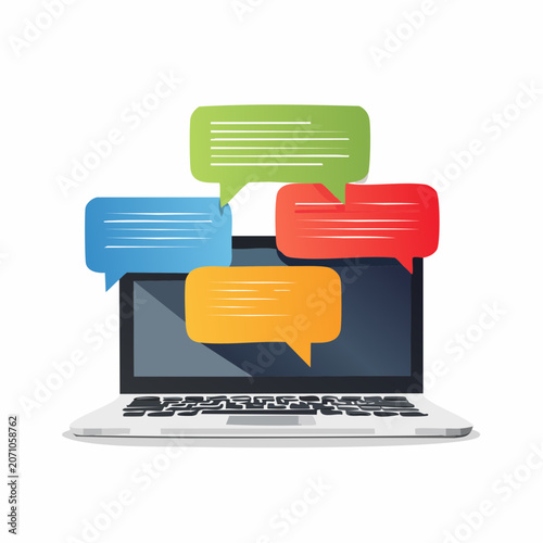 Laptop with colorful chat bubbles representing communication and messages