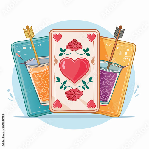 Playing Card with Heart and Roses, Drinks with Arrows