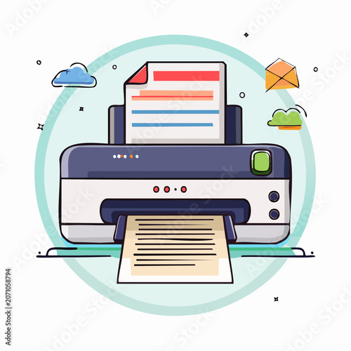 Printer printing document with cloud and envelope icons