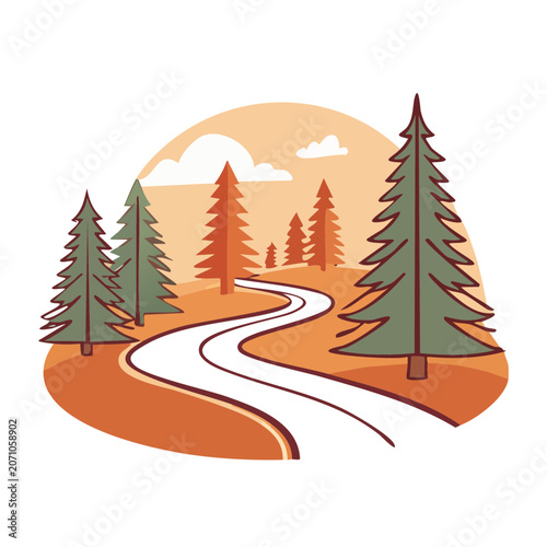 Winding forest road with pine trees and clouds