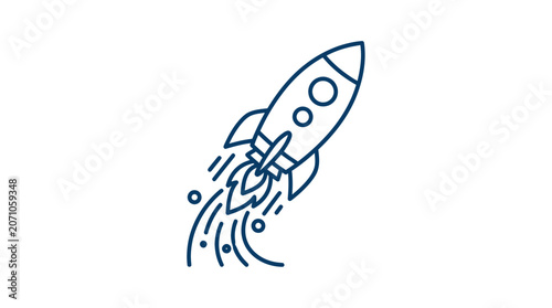 Photos Rocket Launching Upwards, Space Exploration Concept, Blue Line Art Icon