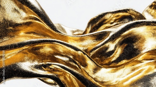 Luxurious wavy golden fabric flows across a bright white background.