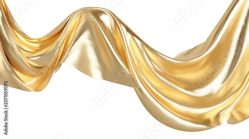 Fluid golden satin fabric flows gracefully in a wave against a bright background