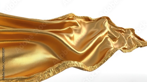 Luxurious shimmering golden fabric flows dynamically across a white background.