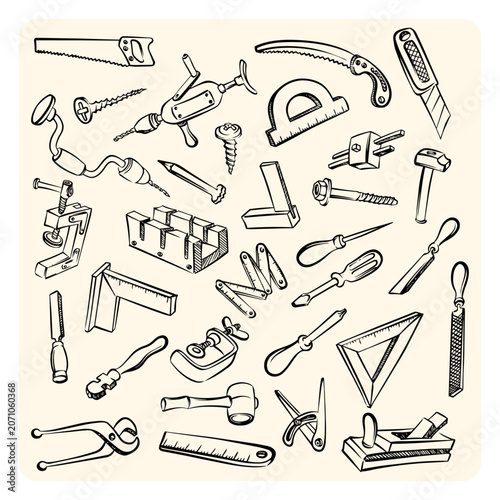Carpentry tools and woodworking hardware hand drawn doodle pack. Hammer, saw, screwdriver, ruler, drill, and screw outline sketch collection on white background.