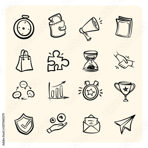 Business, marketing and success hand drawn doodle element collection. Office startup, finance growth, checklist, and strategy sketch icons isolated on white background.