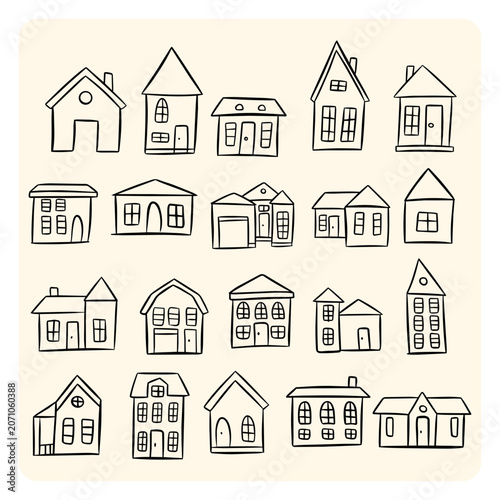 Cute hand drawn house and real estate doodle vector set. Neighborhood tiny home architecture collection, residential buildings line art isolated on white background.